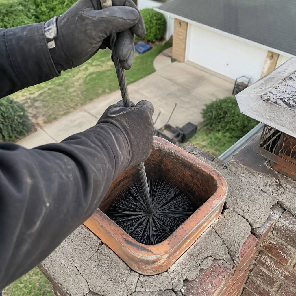 Professional chimney sweep cleaning a chimney flue with a wire brush