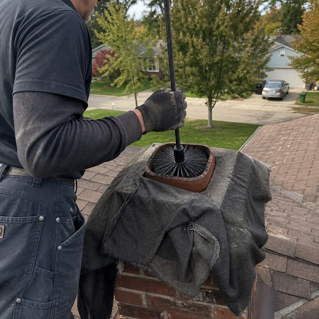 Professional chimney sweep cleaning a brick chimney flue from the rooftop