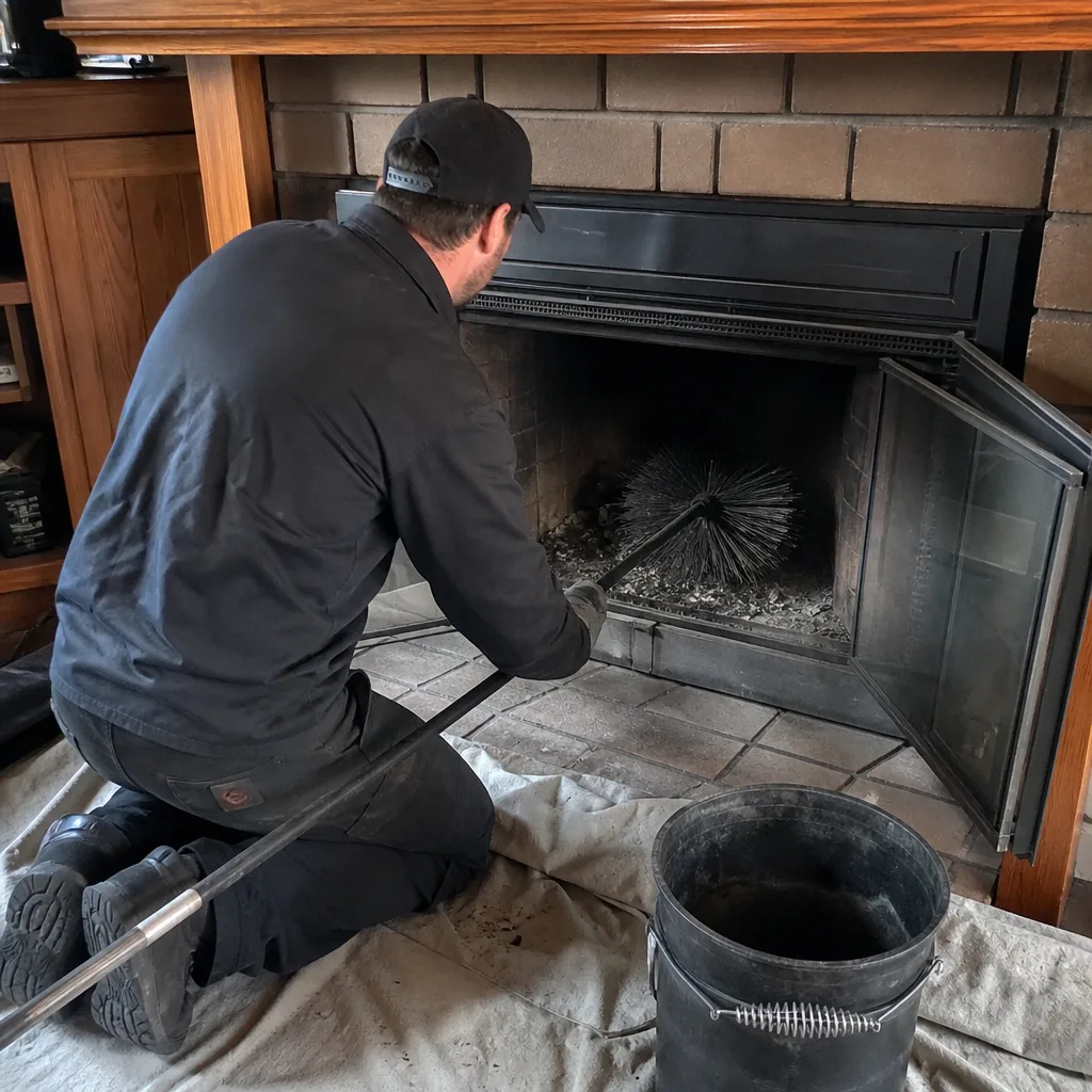 Professional chimney sweep cleaning soot from a brick fireplace with a brush