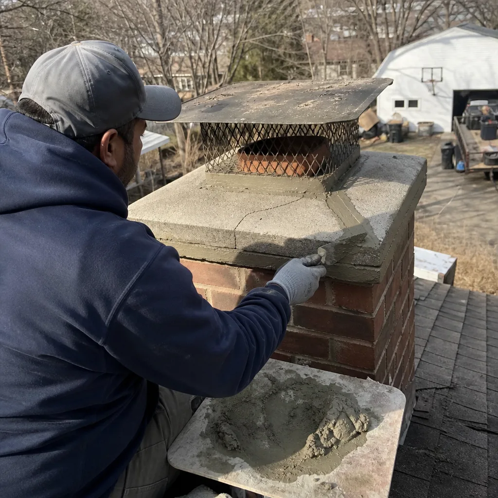 Professional technician repairing chimney crown with mortar and trowel