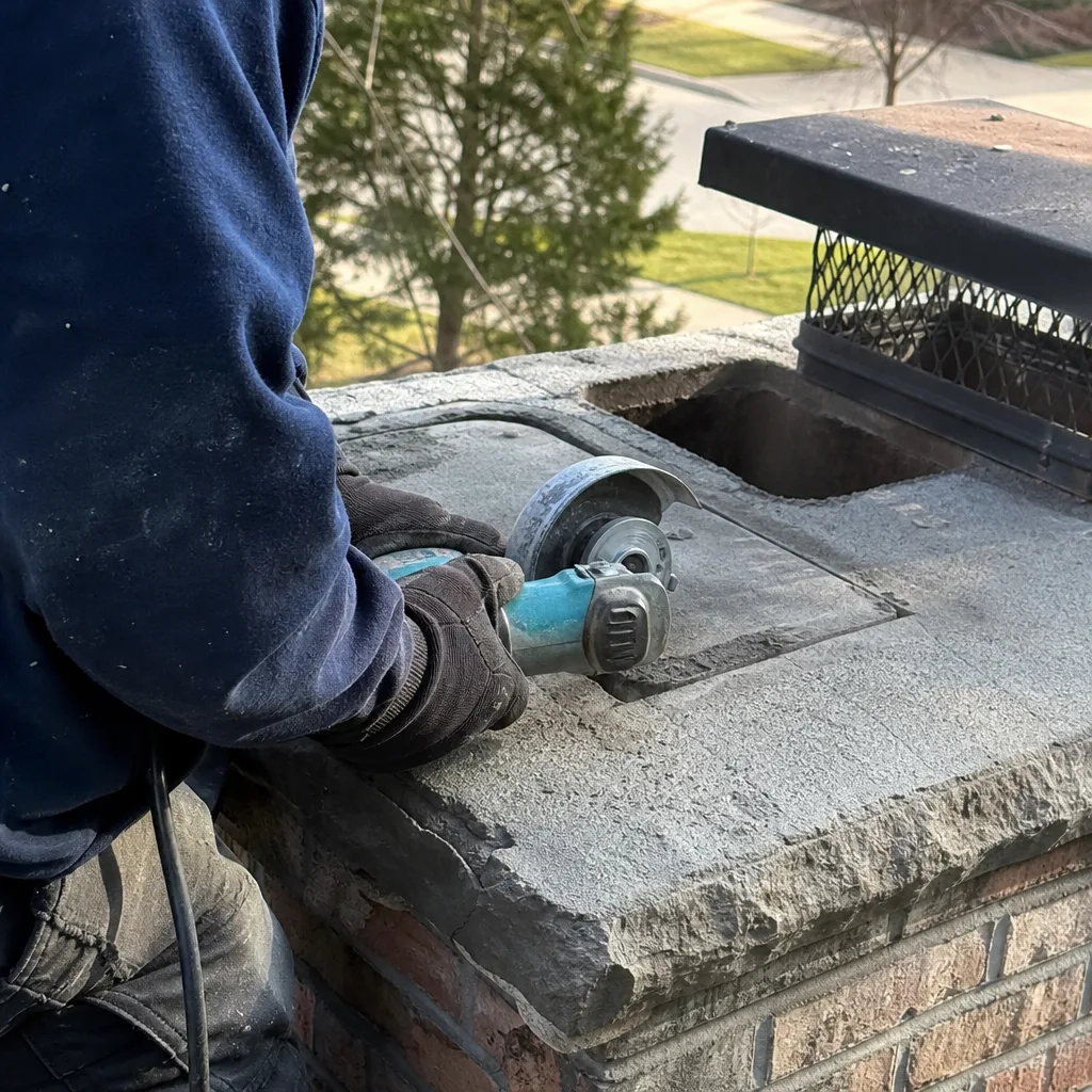 Professional contractor performing stone chimney cap repair using an angle grinder