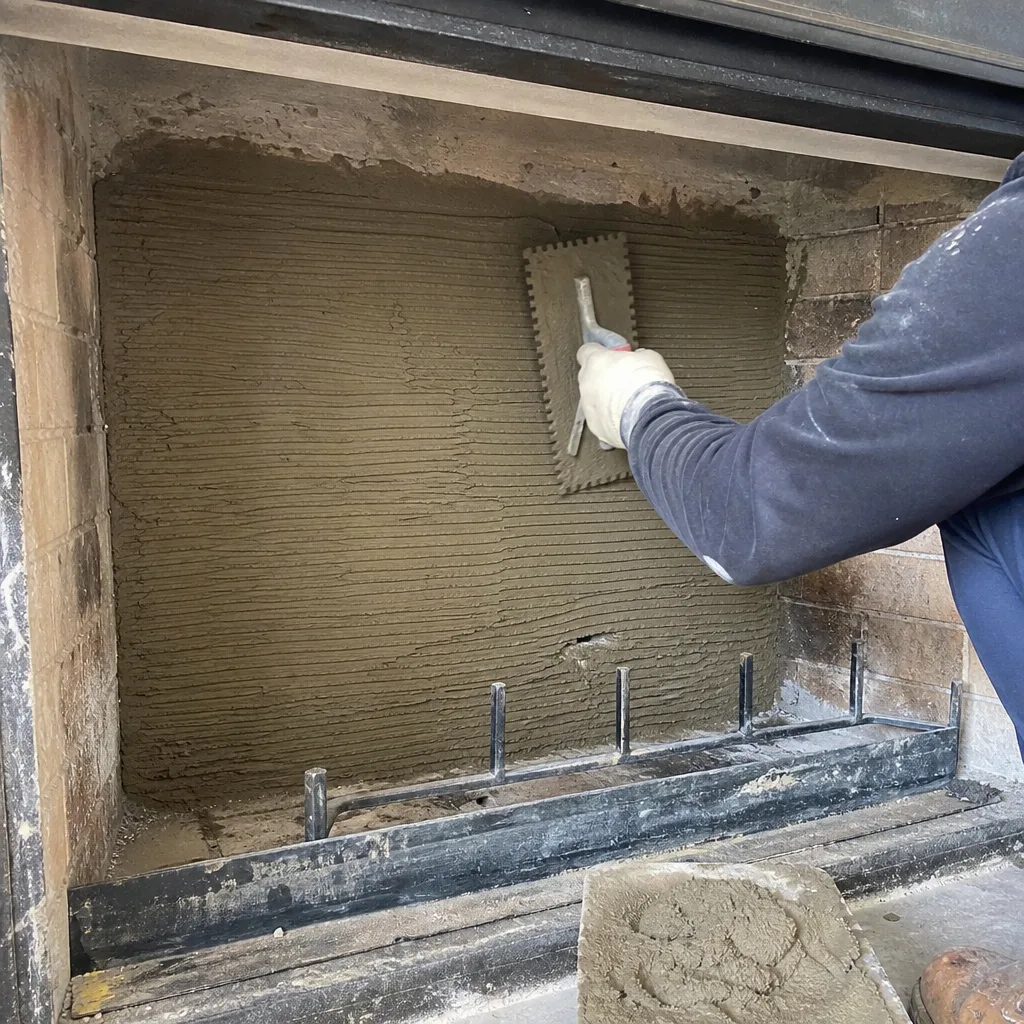Professional applying mortar to fireplace wall with notched trowel